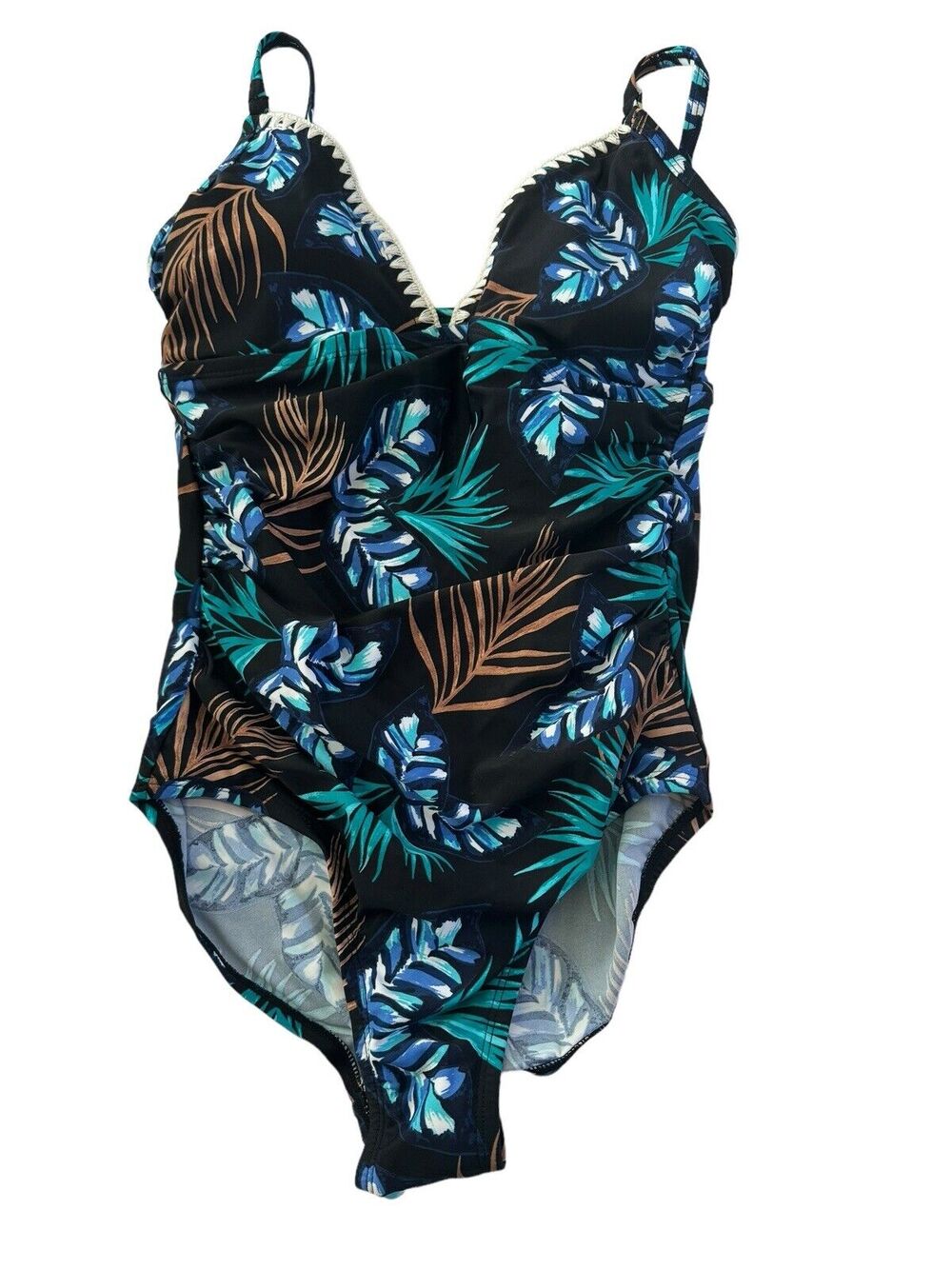 NWT Merona Small One Piece Swimsuit Leaves Jade Black $35 Ruched Embroidery #SW